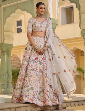 Stunning cream linen satin printed lehenga choli