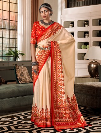 Cream printed tusser silk saree