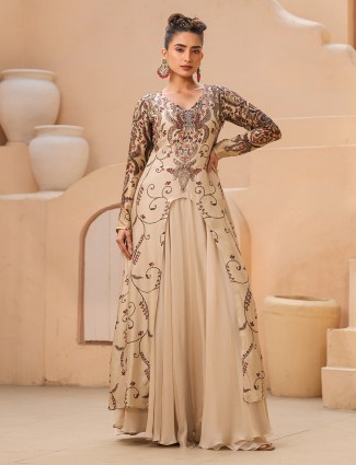 Cream printed floor length suit