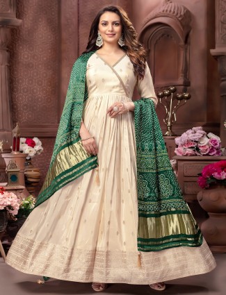 Cream silk anarkali suit with printed dupatta