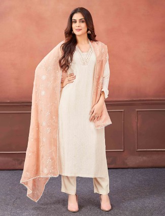 Cream straight cut silk salwar suit