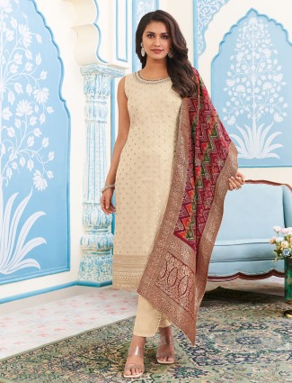 Cream straight cut salwar suit