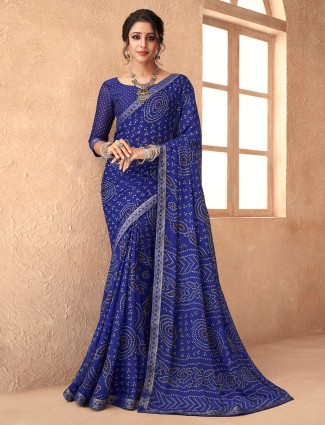 Dark blue bandhani printed chiffon saree