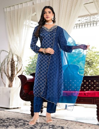 Dark blue printed silk kurti set