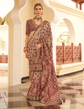 Dark brown printed silk saree