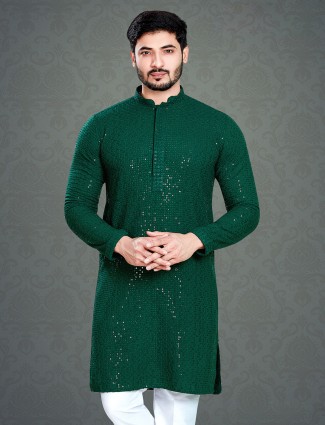 Dark green cotton kurta with embroidery