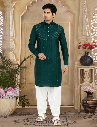 Trendy dark green cotton pathani suit