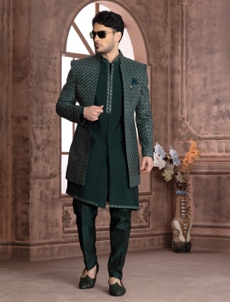 Dark green indowestern with embroidery