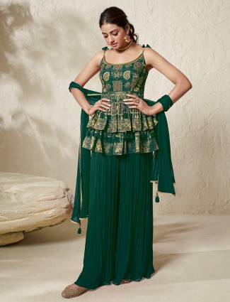 Georgette dark green palazzo suit with dupatta