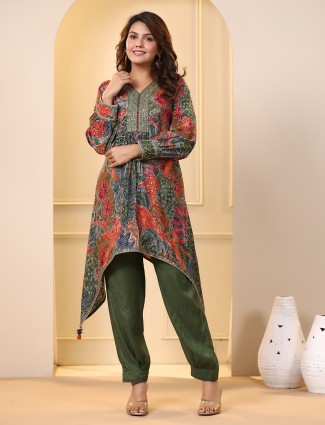 Beautiful dark green silk kurti set