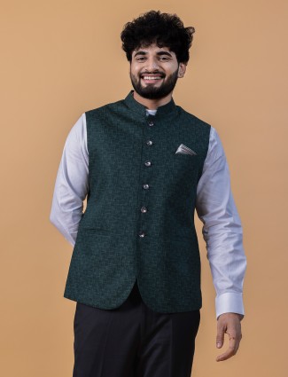 Dark green terry rayon printed waistcoat