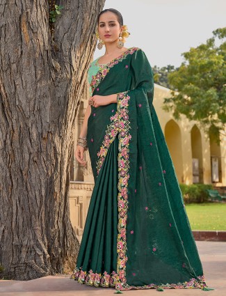 Tissue organza silk dark green saree