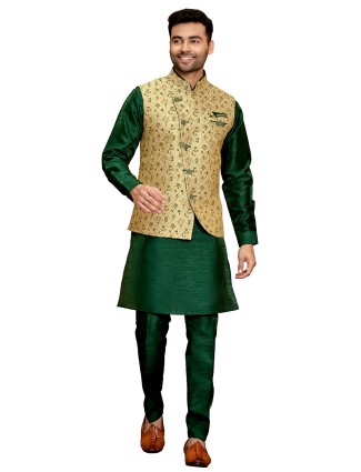 Stylish dark green silk waistcoat set for men