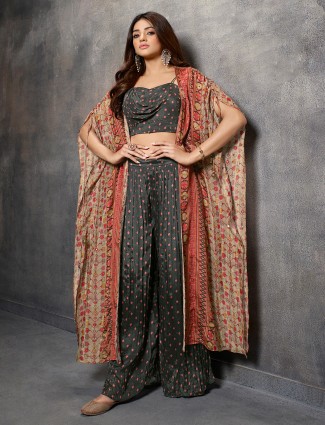 Dark grey silk jacket style palazzo suit