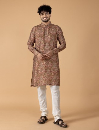 Dark olive printed silk kurta suit