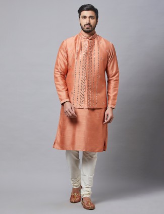 Peach Raw Silk Wedding Waistcoat Set for Men