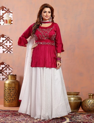 Silk dark pink and white lehenga suit