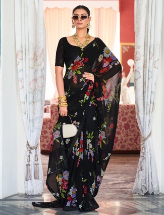 Elegant Black Floral Printed Georgette Saree