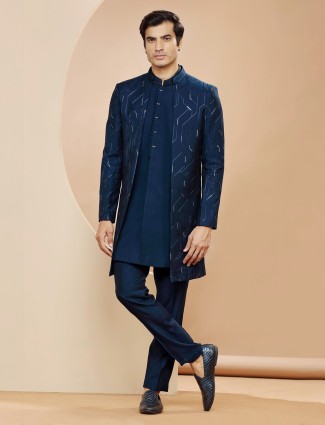 Latest dark blue raw silk indowestern