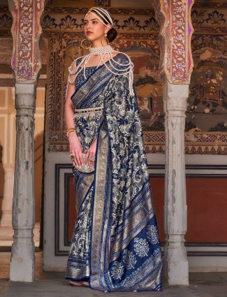 Navy silk saree in printed pattern