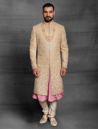 Designer Beige Silk Sherwani for Men Weddings