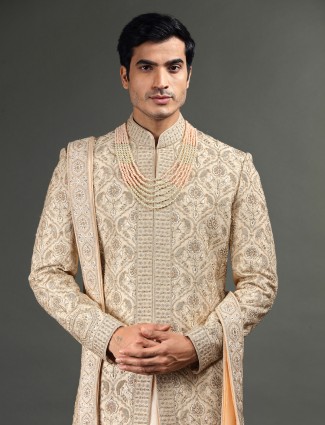 Designer dusty peach raw silk sherwani