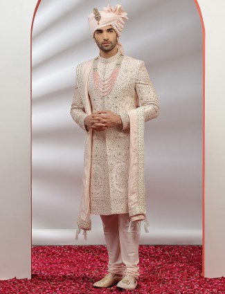 Designer Light Pink Raw Silk Sherwani for Grooms