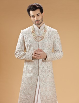 Peach raw silk designer groom sherwani