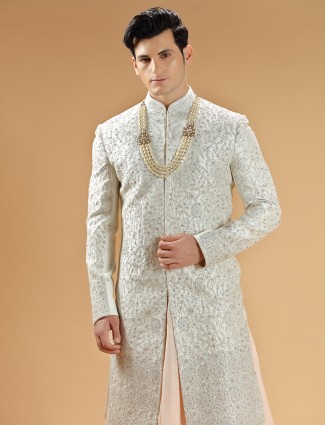 Cream Raw Silk Sherwani with Embellishments