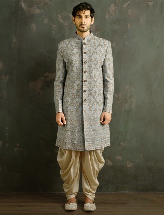 Grey tinted indowestern for men with dhoti style