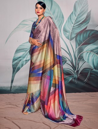 Satin crepe mauve purple printed saree