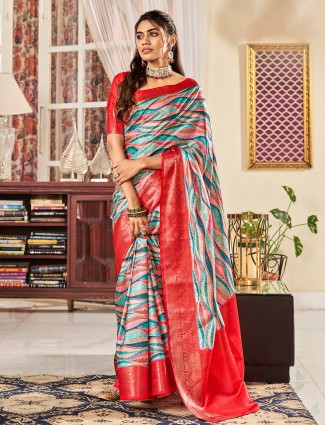 Multi color satin digital printed saree