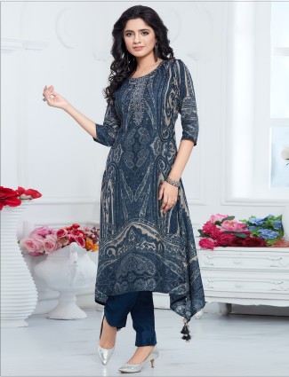 Teal blue digital printed a-line kurti