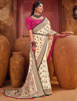 Elegant cream kachhi work saree