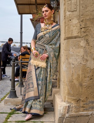 Beautiful trendy grey printed saree in silik