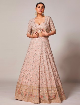 Trendy peach jacket style lehenga choli