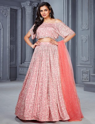 Peach Printed Silk Lehenga Choli