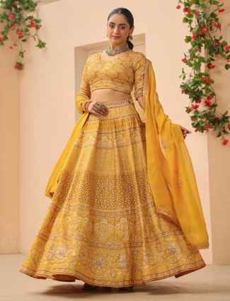 Latest Raw silk mustard yellow printed lehenga choli