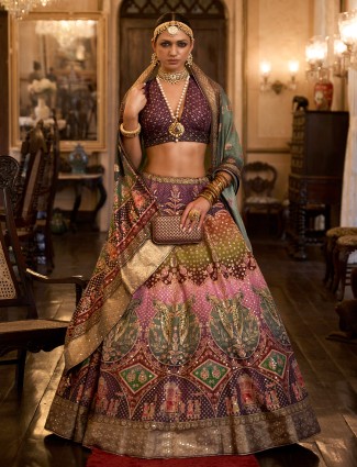 Stunning purple silk printed lehenga choli