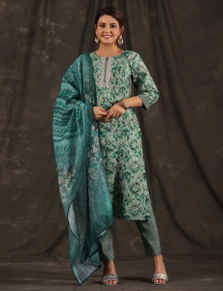 Stunning rama green printed cotton kurti set