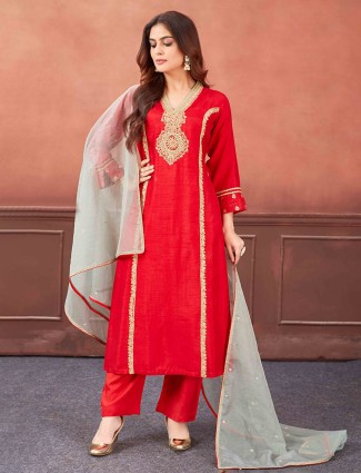 Stylish red silk salwar suit with dupatta