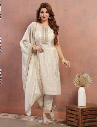 Classy beige silk salwar suit with dupatta