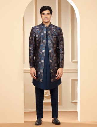 Printed teal blue indowestern