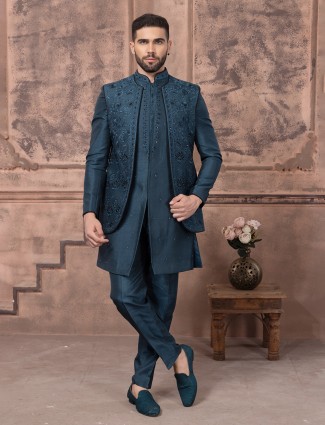 Teal blue silk indowestern for wedding