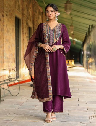 Latest wine silk kurti set