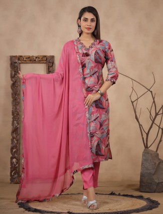 Latest pink silk printed kurti set