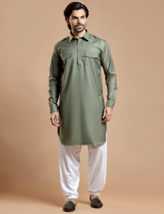 Sage green plain cotton silk pathani suit 