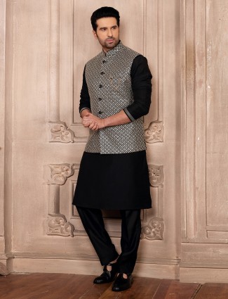 Designer Black Silk Festive Waistcoat Set