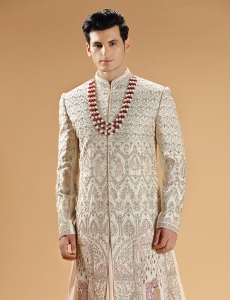 Fabulous cream raw silk sherwani