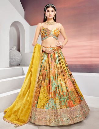 Mustard yellow silk printed lehenga choli